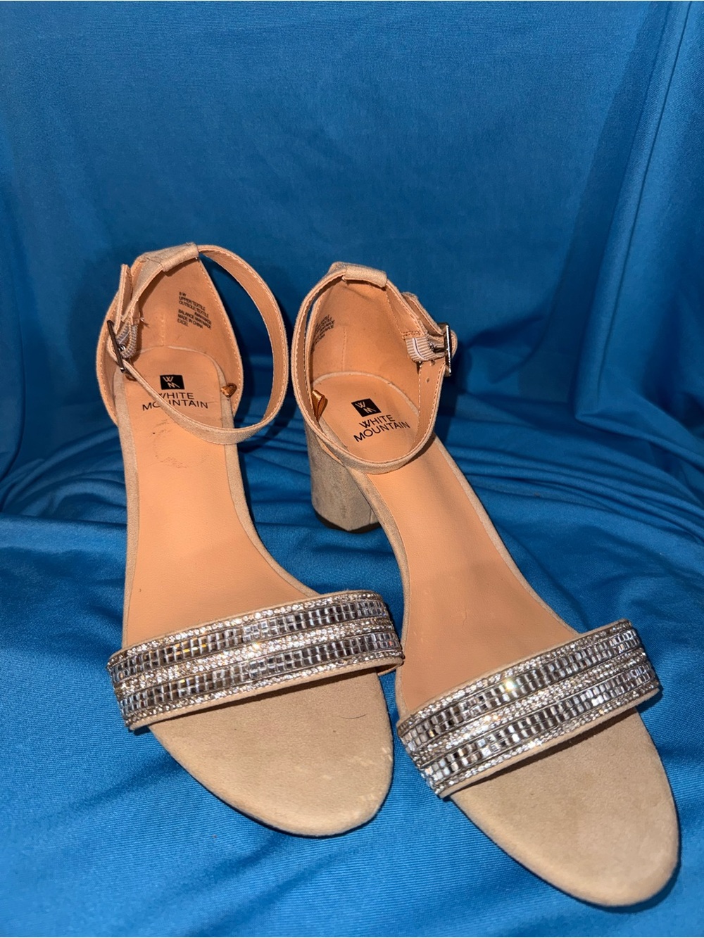 White Mountain Tan Embellished Ankle-Strap Block Heel Sandals